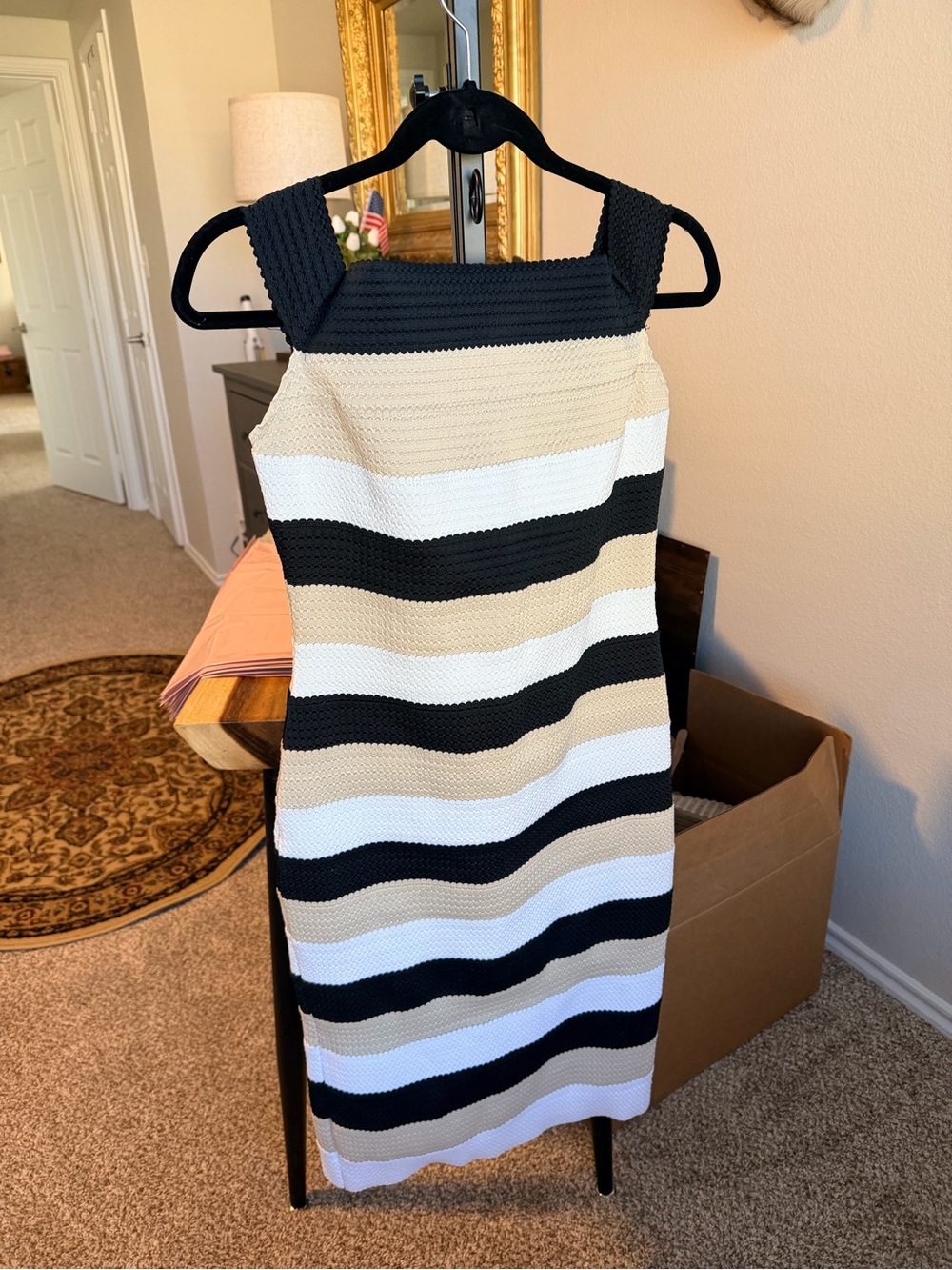 New York & Company Black, White & Beige Striped Midi Dress